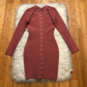 Windsor Bodycon Criss Cross Mock Neck Long Sleeve Rust Orange Mini Dress size S